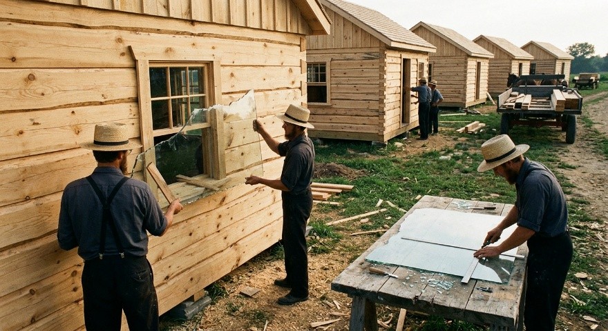 Workers preparing glass and window materials for the settlement